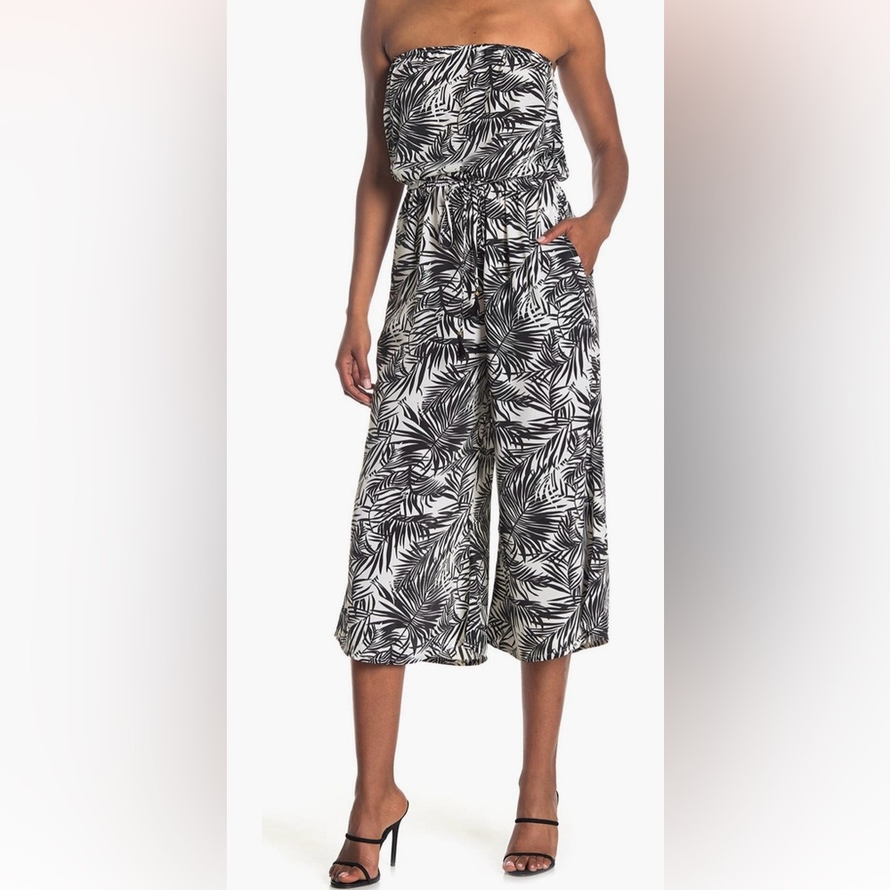 Elan Monochrome Palm Print Wide Leg Jumpsuit